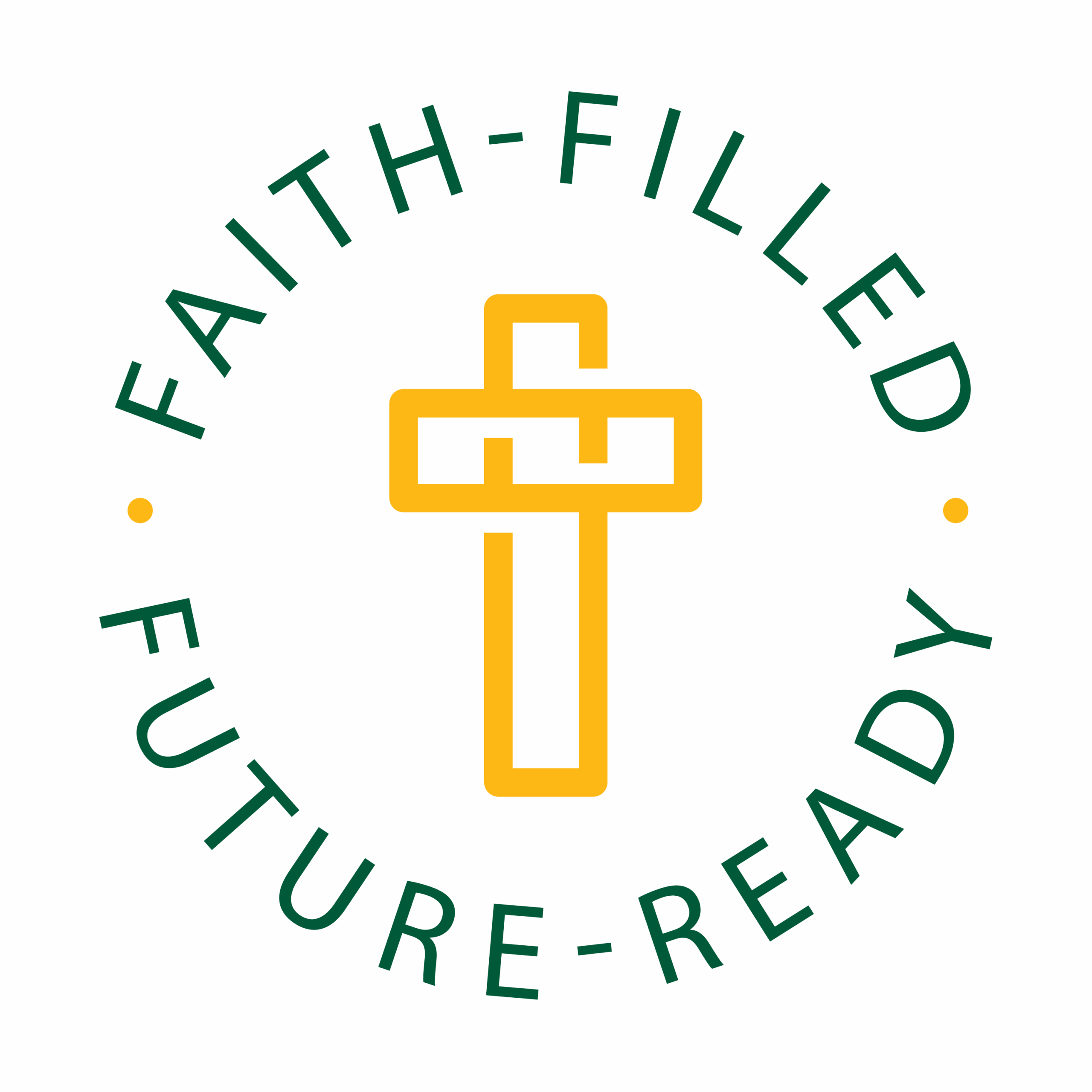 Faith-Filled Future-Ready badge in green and yellow with cross and shield design.